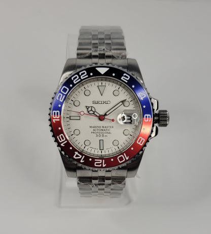 Seiko Custom Mod Watch Build - White Dial with Blue/Red Ceramic Bezel powered by NH35 Automatic - Sunshine Custom Watch