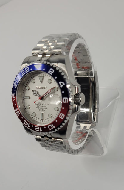 Seiko Custom Mod Watch Build - White Dial with Blue/Red Ceramic Bezel powered by NH35 Automatic - Sunshine Custom Watch