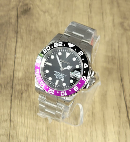 Seiko Custom Mod Watch, "Joker" Purple/Black Ceramic Bezel, Sapphire w/Cyclops- NH35A - Sunshine Custom Watch