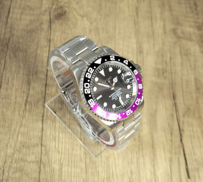 Seiko Custom Mod Watch, "Joker" Purple/Black Ceramic Bezel, Sapphire w/Cyclops- NH35A - Sunshine Custom Watch