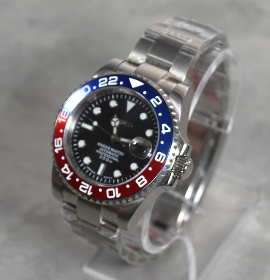 Seiko Custom Mod Watch, "Pepsi" Blue/Red Ceramic Bezel, Sapphire w/Cyclops- NH35A - Sunshine Custom Watch