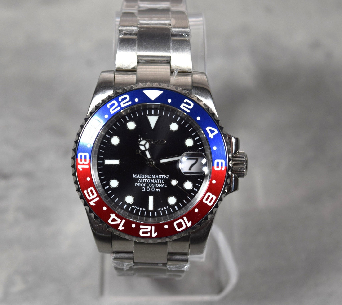 Seiko Custom Mod Watch, "Pepsi" Blue/Red Ceramic Bezel, Sapphire w/Cyclops- NH35A - Sunshine Custom Watch