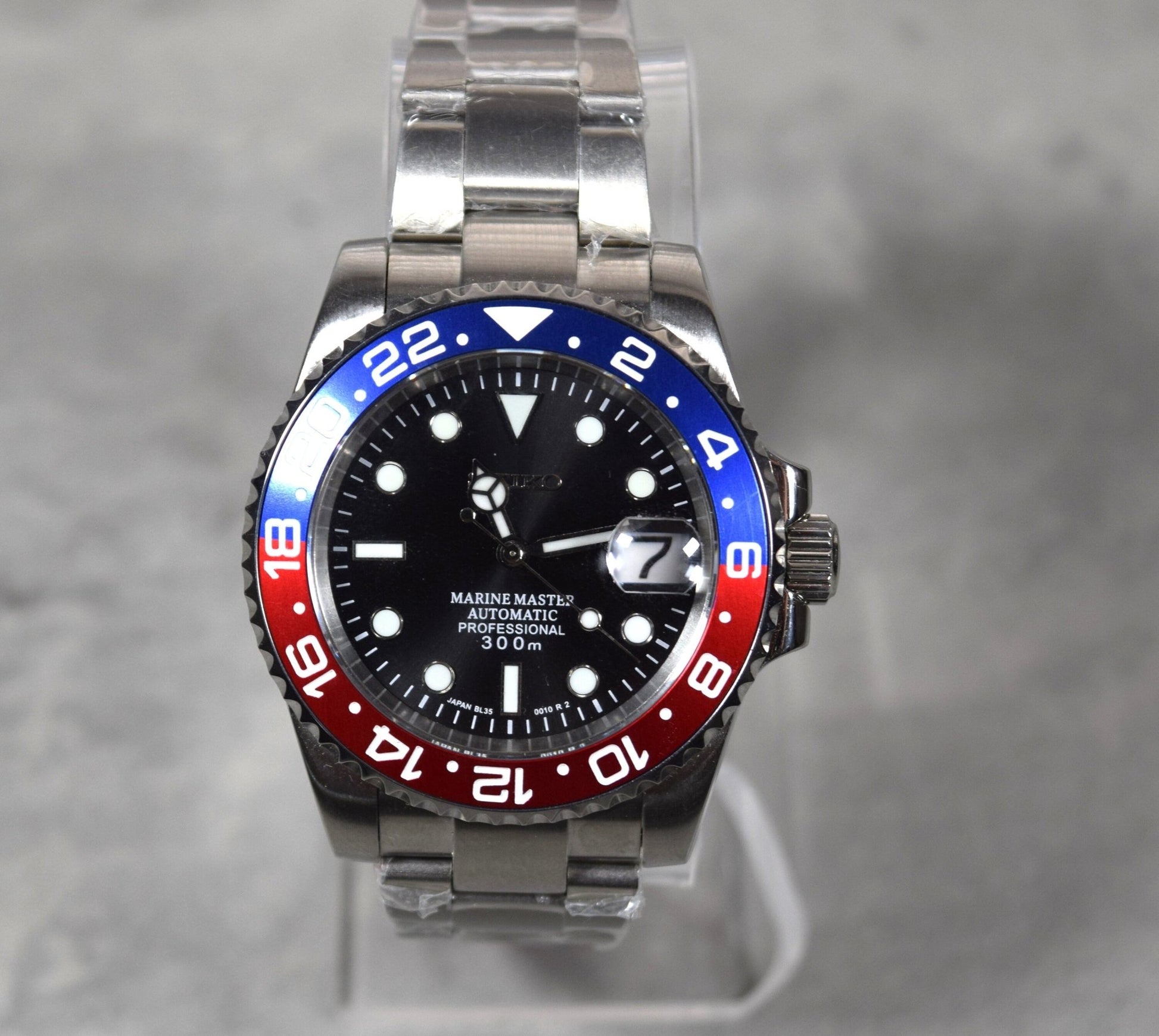 Seiko Custom Mod Watch, "Pepsi" Blue/Red Ceramic Bezel, Sapphire w/Cyclops- NH35A - Sunshine Custom Watch