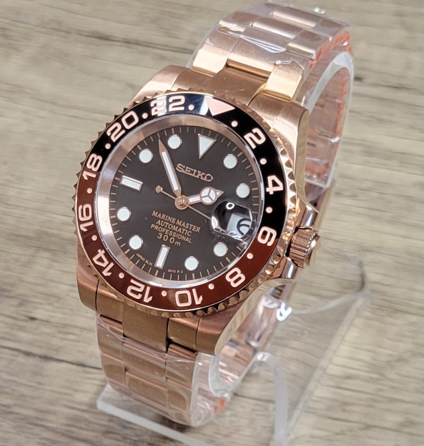 Seiko Custom Mod Watch, Rose Gold - Root Beer - Powered by NH35 Automatic - Sunshine Custom Watch