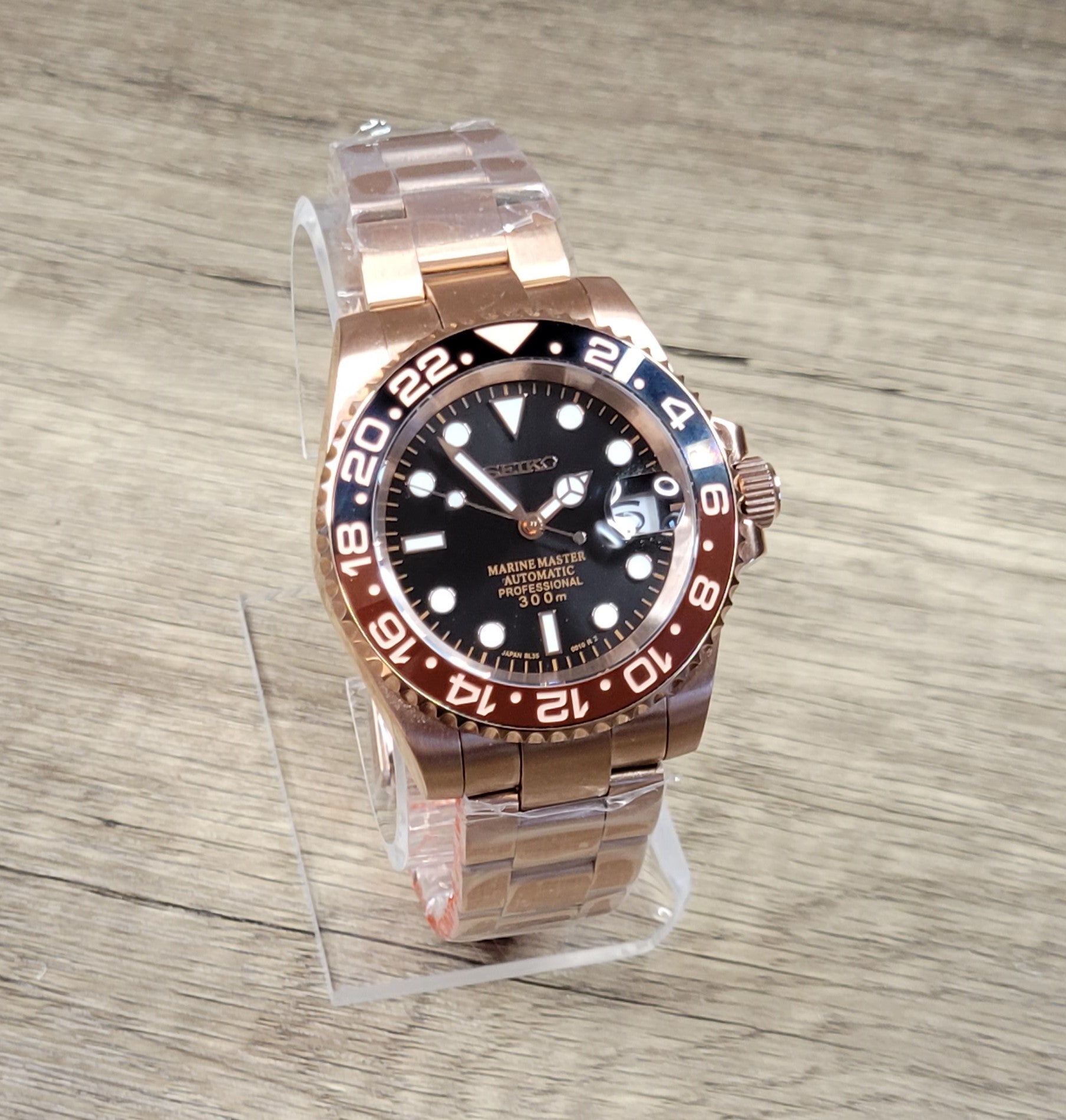 Seiko Custom Mod Watch, Rose Gold - Root Beer - Powered by NH35 Automatic - Sunshine Custom Watch