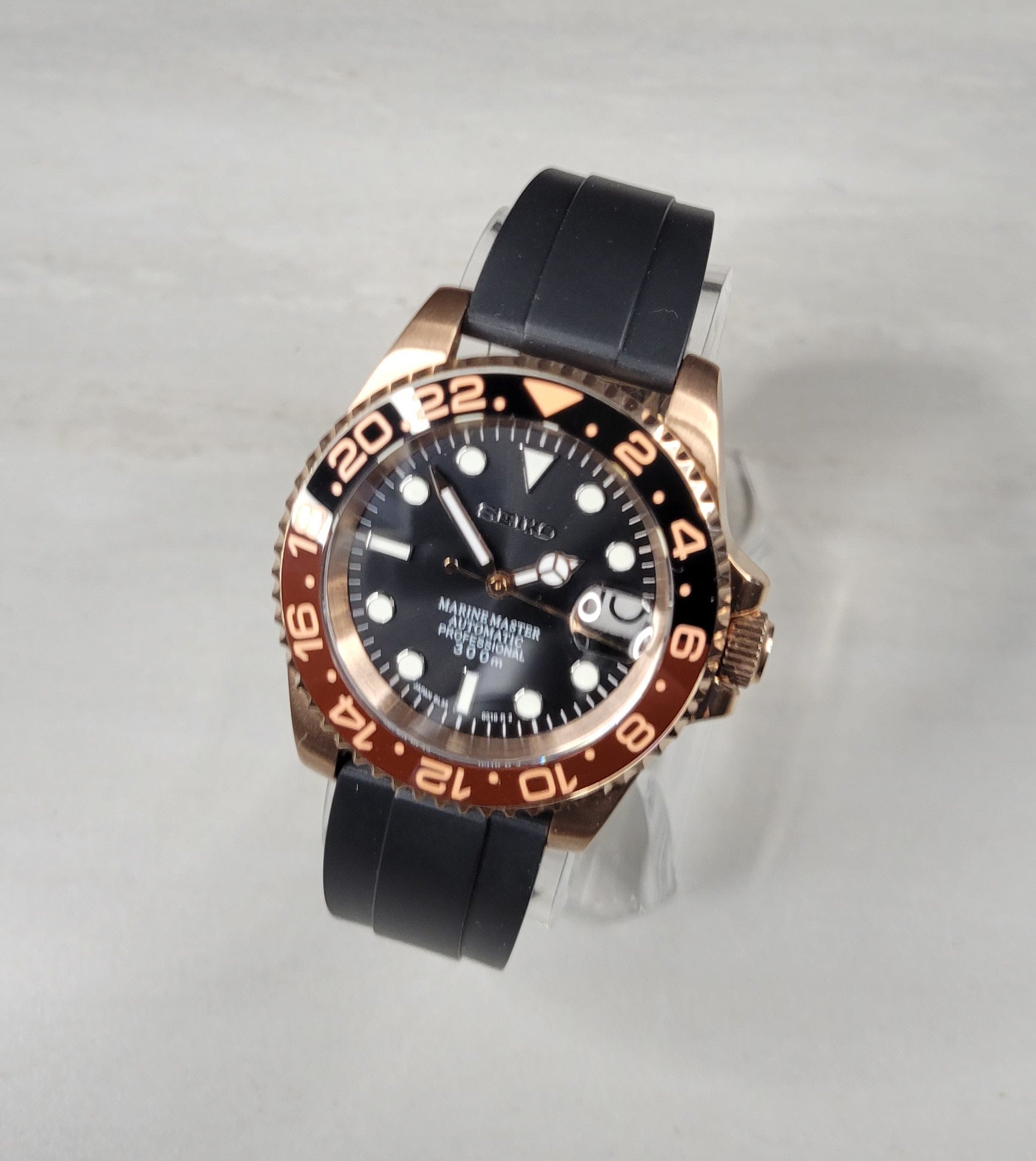 Seiko Custom Mod Watch, Rose Gold - Root Beer - Powered by NH35 Automatic - Sunshine Custom Watch