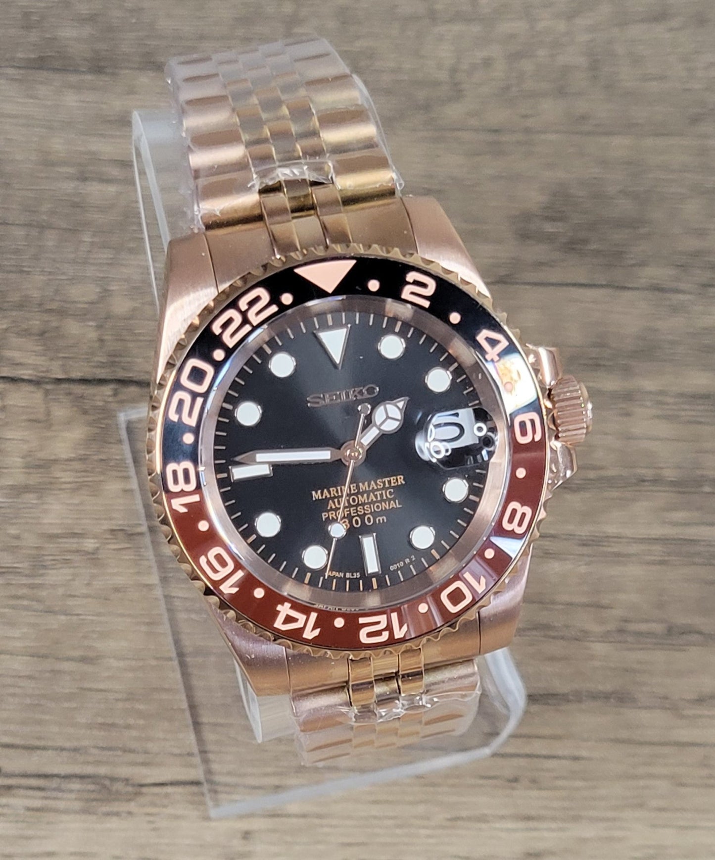 Seiko Custom Mod Watch, Rose Gold - Root Beer - Powered by NH35 Automatic - Sunshine Custom Watch