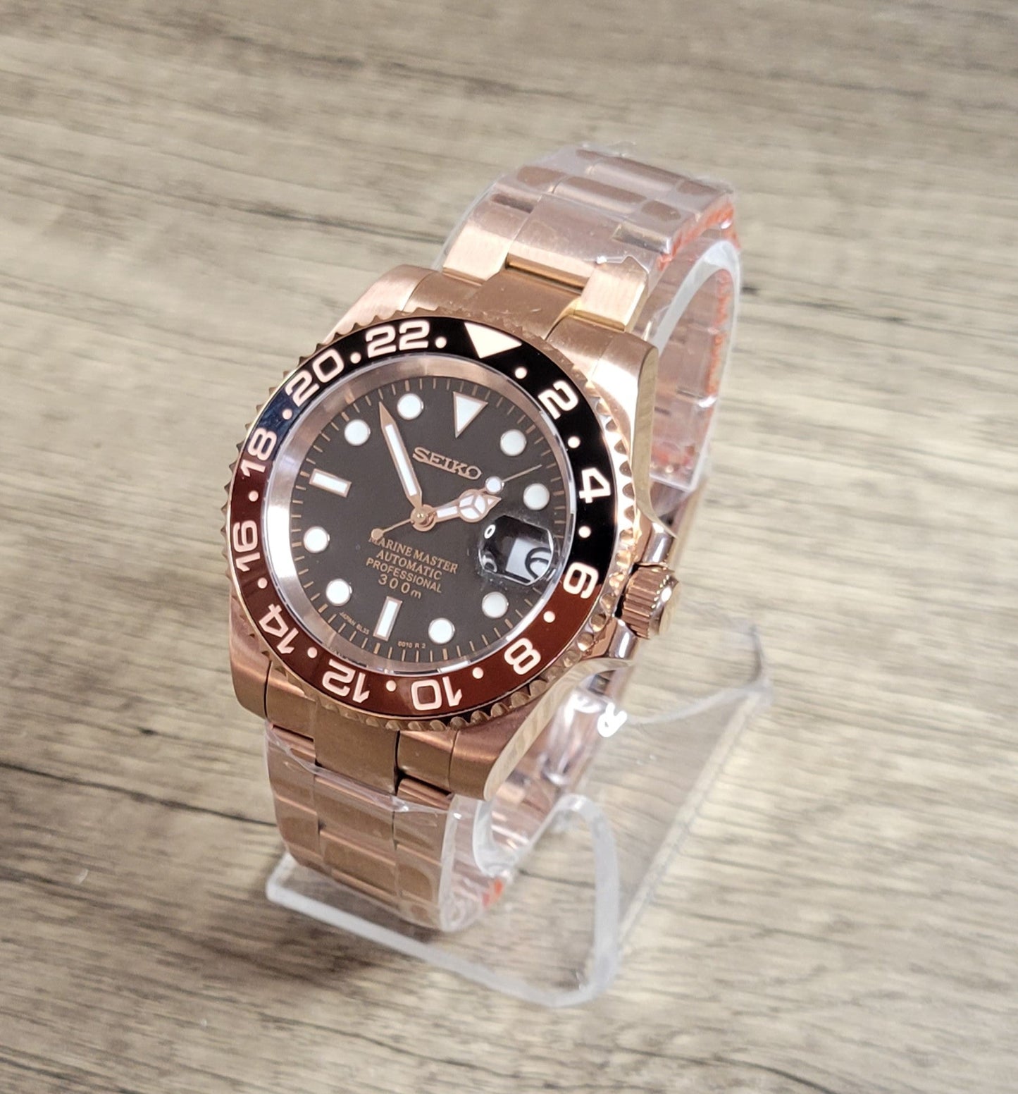 Seiko Custom Mod Watch, Rose Gold - Root Beer - Powered by NH35 Automatic - Sunshine Custom Watch