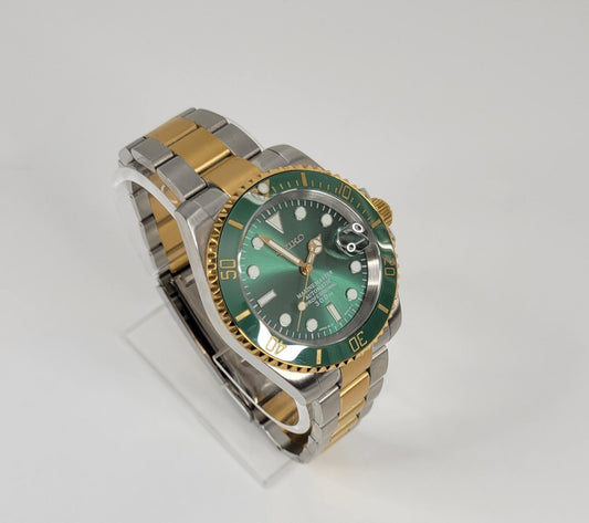 Seiko Custom Mod Watch, Two Tone Gold, Stainless Steel, Green Dial - NH35 - Sunshine Custom Watch