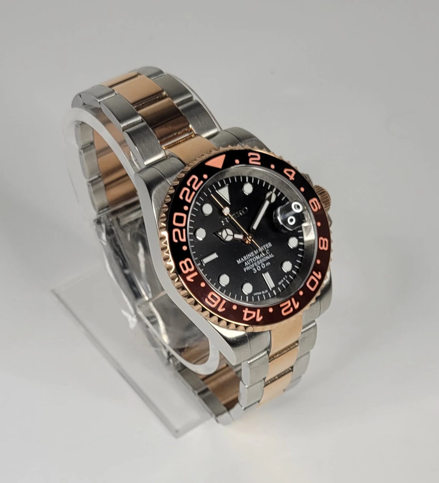 Seiko Custom Mod Watch, Two Tone Rose Gold - Root Beer - Powered by NH35 Automatic - Sunshine Custom Watch