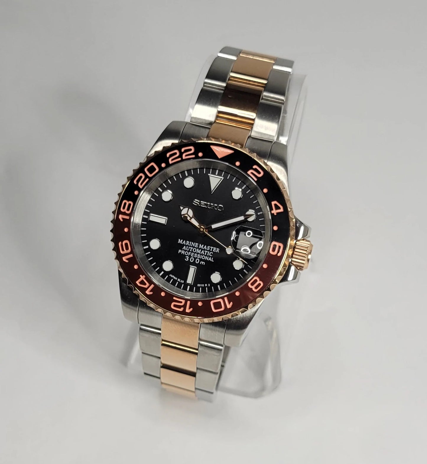 Seiko Custom Mod Watch, Two Tone Rose Gold - Root Beer - Powered by NH35 Automatic - Sunshine Custom Watch